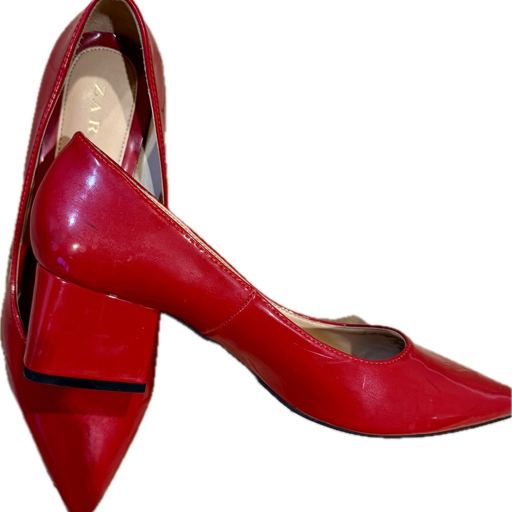 Zara Bold Patent Leather Red Pointed Heels , size 38